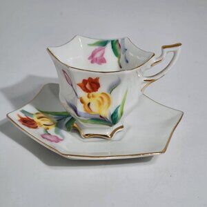 Miniature Floral Teacup Saucer Set Gold Trim Dollhouse Tea Party Vintage Japan